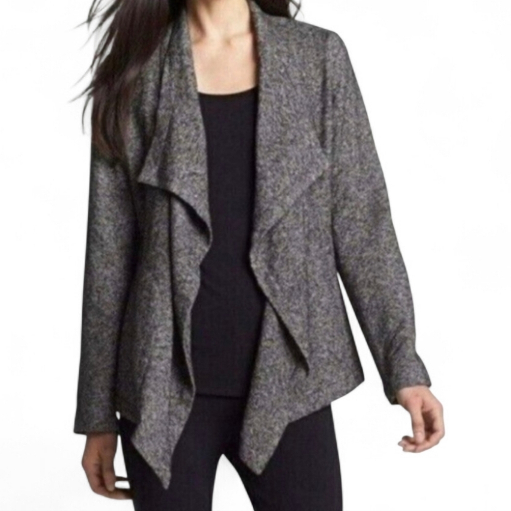 EILEEN FISHER Petite Gray Italian Cotton Blend Draped Open Front Jacket - Medium